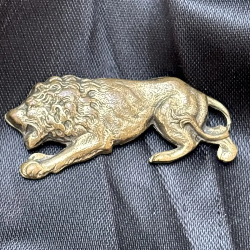 Antique Lion Brooch Pin Brass Textured Detailed 1.5”x.5” Lion Jewelry